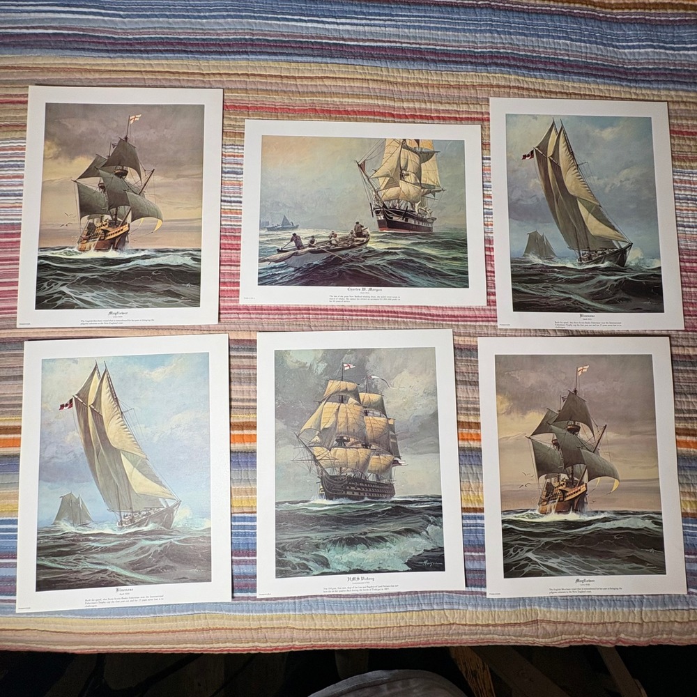 Vtg Nautical Art Prints Set of 4 2xtra Mayflower HMS Victory Bluenose Morgan